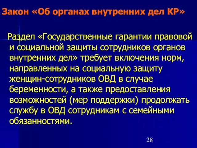 Закон «Об органах внутренних дел КР» Раздел «Государственные гарантии правовой и социальной