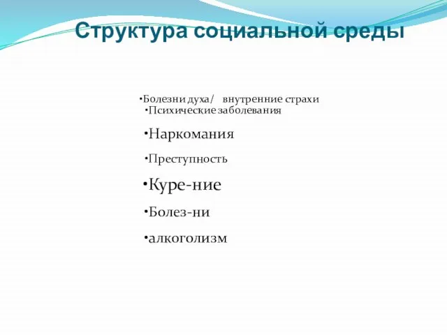 Структура социальной среды Болезни духа/ внутренние страхи Психические заболевания Наркомания Преступность Куре-ние Болез-ни алкоголизм