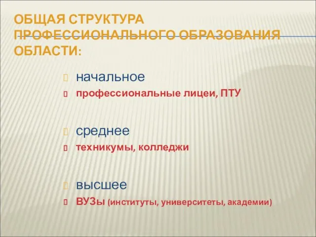 ОБЩАЯ СТРУКТУРА ПРОФЕССИОНАЛЬНОГО ОБРАЗОВАНИЯ ОБЛАСТИ: начальное профессиональные лицеи, ПТУ среднее техникумы, колледжи