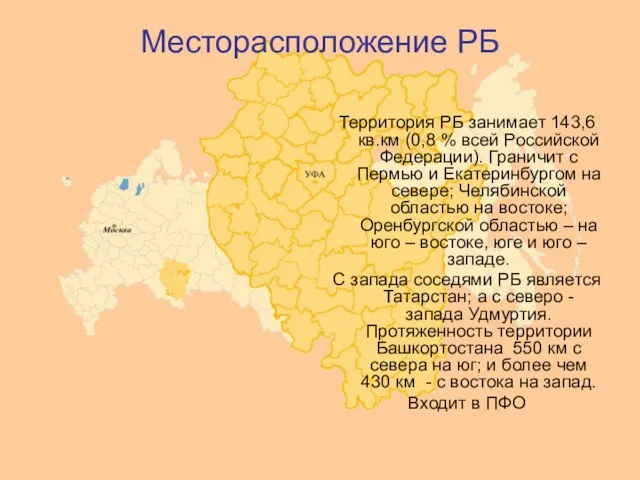 Месторасположение РБ Территория РБ занимает 143,6 кв.км (0,8 % всей Российской Федерации).