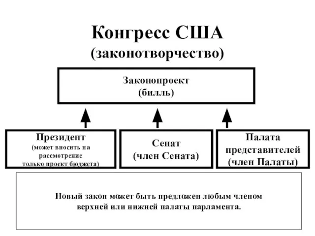 Конгресс США (законотворчество) Законопроект (билль) Президент (может вносить на рассмотрение только проект