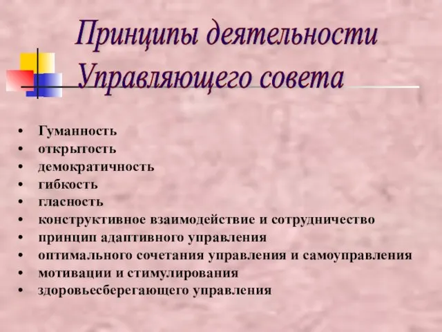 Принципы деятельности Управляющего совета Гуманность открытость демократичность гибкость гласность конструктивное взаимодействие и