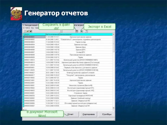 Генератор отчетов Сохранить в файл dbf Экспорт в Excel В документ Microsoft Word