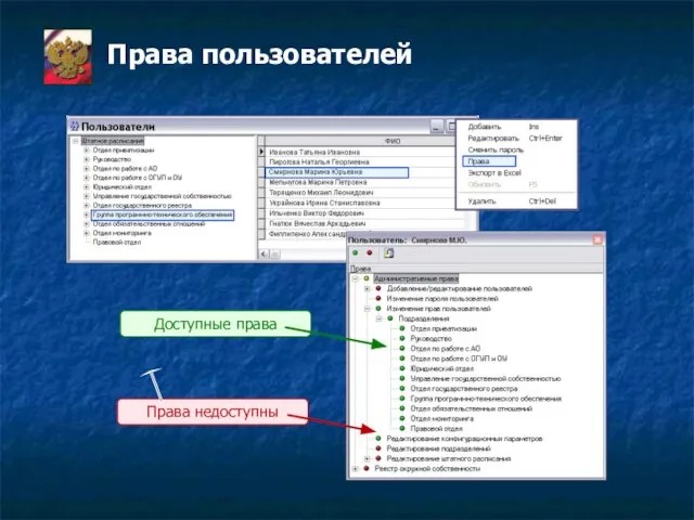 Права пользователей Доступные права Права недоступны