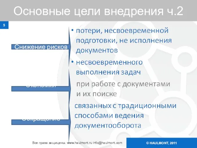 © HAULMONT, 2011 Основные цели внедрения ч.2 Снижение рисков Экономия времени Сокращение