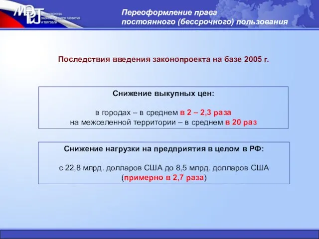 Последствия введения законопроекта на базе 2005 г. Снижение выкупных цен: в городах