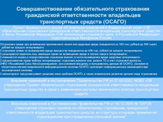 Совершенствование обязательного страхования гражданской ответственности владельцев транспортных средств (ОСАГО) Проект федерального закона