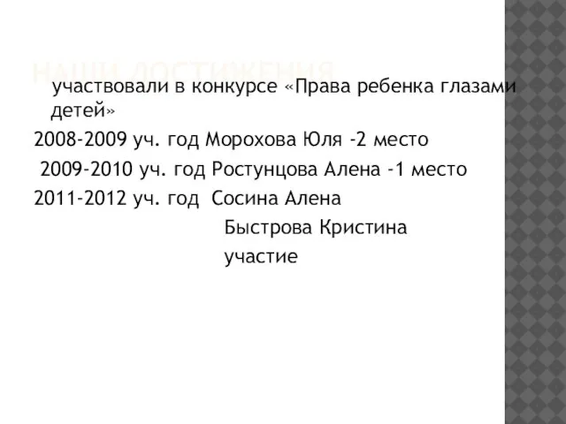 НАШИ ДОСТИЖЕНИЯ участвовали в конкурсе «Права ребенка глазами детей» 2008-2009 уч. год