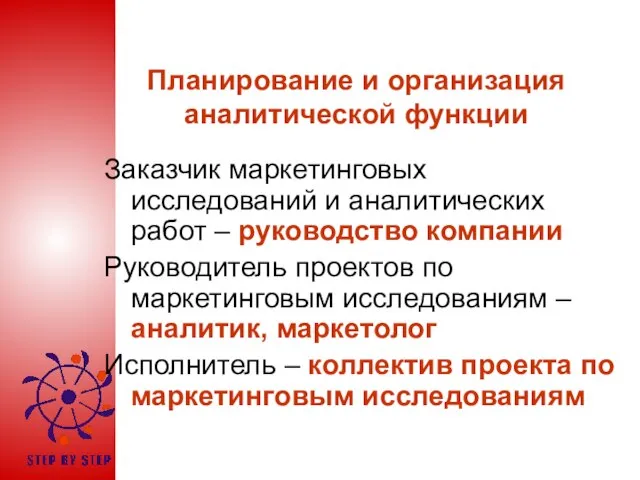 Планирование и организация аналитической функции Заказчик маркетинговых исследований и аналитических работ –