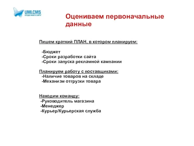 Оцениваем первоначальные данные Пишем краткий ПЛАН, в котором планируем: -Бюджет -Сроки разработки