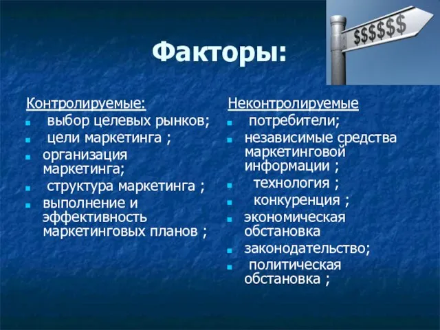 Факторы: Контролируемые: выбор целевых рынков; цели маркетинга ; организация маркетинга; структура маркетинга