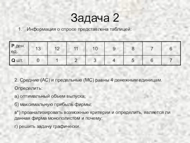 Задача 2 Информация о спросе представлена таблицей: 2. Средние (АС) и предельные