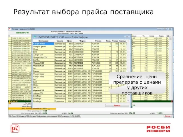 Результат выбора прайса поставщика Выбор препарата и заказ необходимого количества Сравнение цены