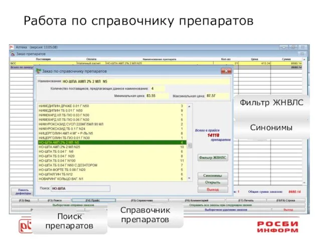 Работа по справочнику препаратов В форме заказа кнопка «справочник» Справочник препаратов Поиск препаратов Фильтр ЖНВЛС Синонимы