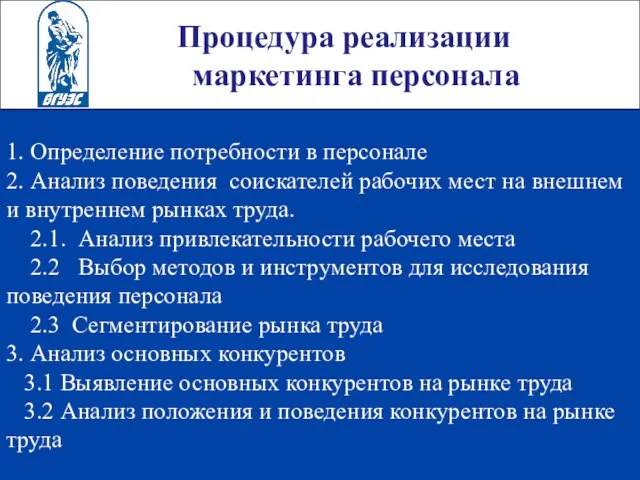 Процедура реализации маркетинга персонала 1. Определение потребности в персонале 2. Анализ поведения