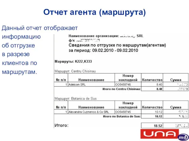 Отчет агента (маршрута) Данный отчет отображает информацию об отгрузке в разрезе клиентов по маршрутам.