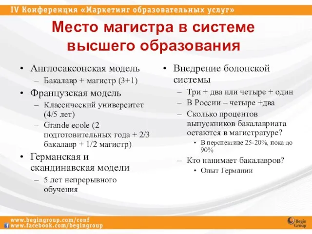 Место магистра в системе высшего образования Англосаксонская модель Бакалавр + магистр (3+1)