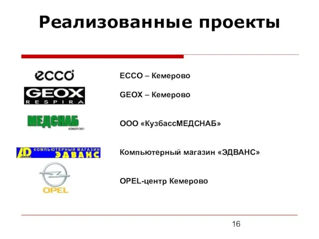 Реализованные проекты ECCO – Кемерово GEOX – Кемерово ООО «КузбассМЕДСНАБ» Компьютерный магазин «ЭДВАНС» OPEL-центр Кемерово