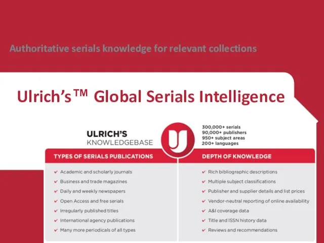 Ulrich’s™ Global Serials Intelligence Authoritative serials knowledge for relevant collections