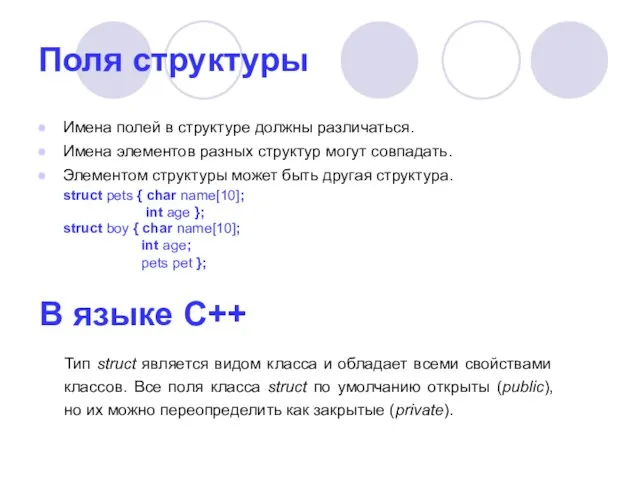 Поля структуры Имена полей в структуре должны различаться. Имена элементов разных структур