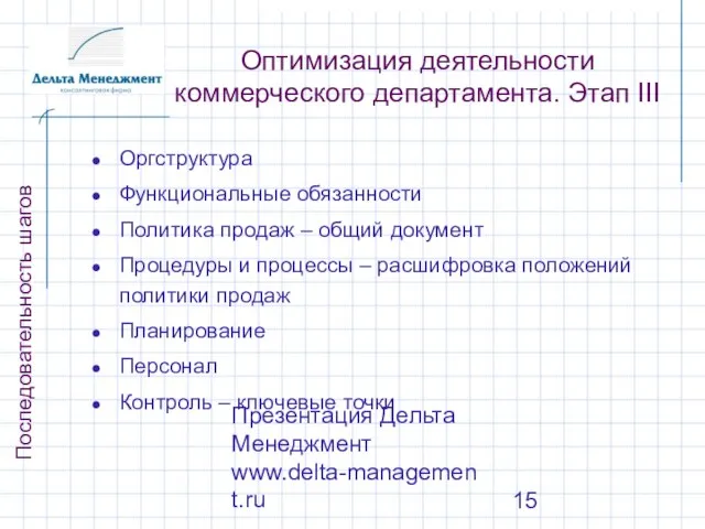 Презентация Дельта Менеджмент www.delta-management.ru Оптимизация деятельности коммерческого департамента. Этап III Оргструктура Функциональные