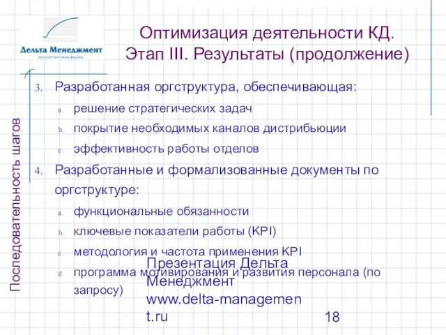 Презентация Дельта Менеджмент www.delta-management.ru Оптимизация деятельности КД. Этап III. Результаты (продолжение) Разработанная