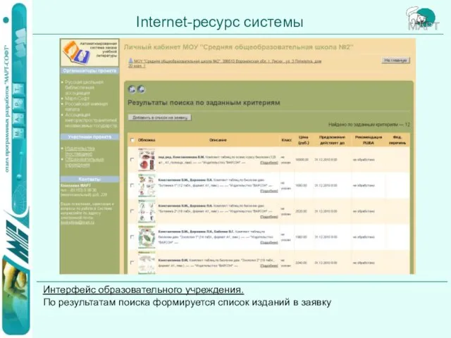 Internet-ресурс системы Интерфейс образовательного учреждения. По результатам поиска формируется список изданий в заявку