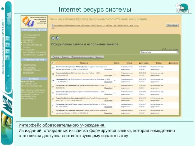 Internet-ресурс системы Интерфейс образовательного учреждения. Из изданий, отобранных из списка формируется заявка,