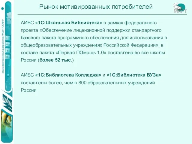 Рынок мотивированных потребителей АИБС «1С:Школьная Библиотека» в рамках федерального проекта «Обеспечение лицензионной