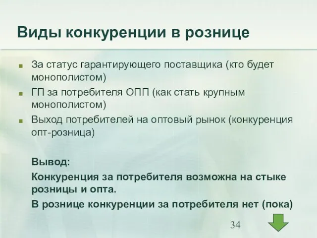 Виды конкуренции в рознице За статус гарантирующего поставщика (кто будет монополистом) ГП