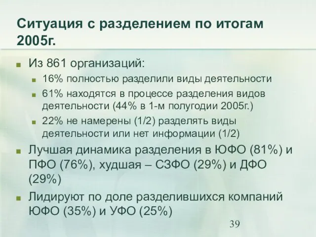 Ситуация с разделением по итогам 2005г. Из 861 организаций: 16% полностью разделили