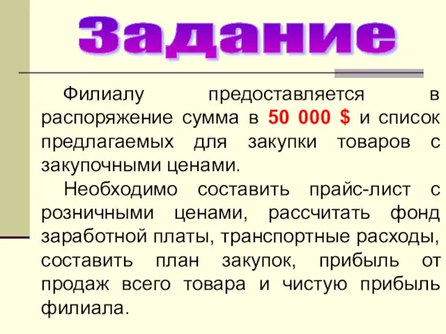 Филиалу предоставляется в распоряжение сумма в 50 000 $ и список предлагаемых