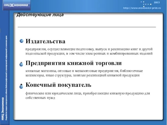 Действующие лица Издательства предприятия, осуществляющие подготовку, выпуск и реализацию книг и другой