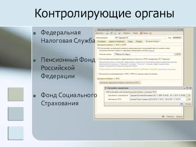 Контролирующие органы Федеральная Налоговая Служба Пенсионный Фонд Российской Федерации Фонд Социального Страхования