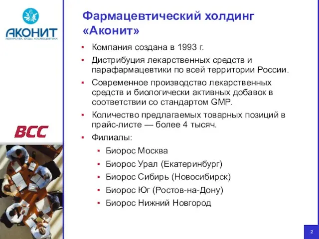 Фармацевтический холдинг «Аконит» Компания создана в 1993 г. Дистрибуция лекарственных средств и