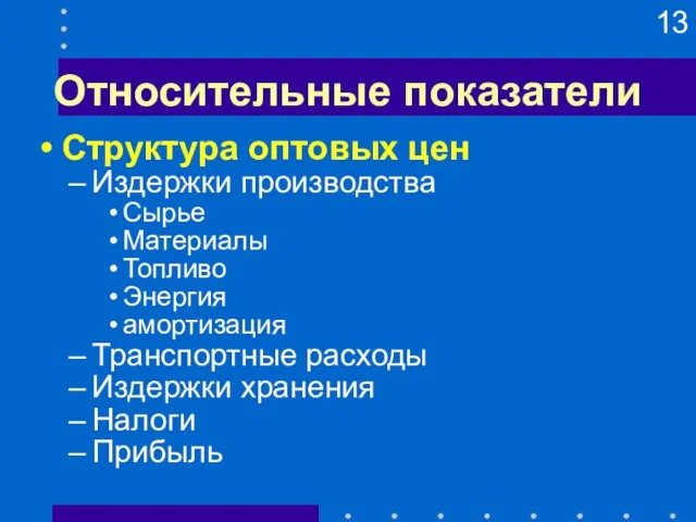 Относительные показатели Структура оптовых цен Издержки производства Сырье Материалы Топливо Энергия амортизация