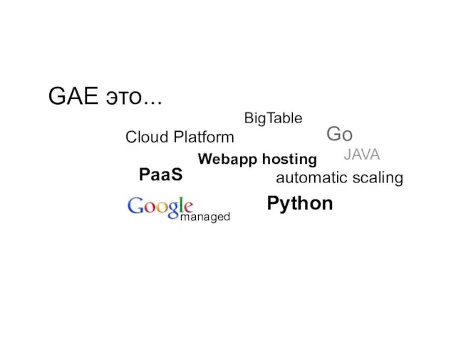 GAE это... PaaS Cloud Platform Webapp hosting managed automatic scaling BigTable Go JAVA Python