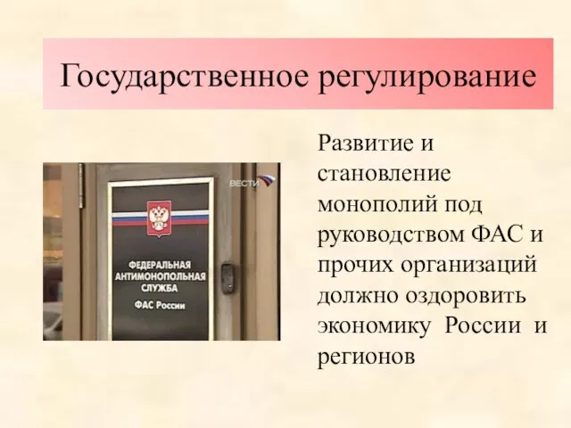 Государственное регулирование Развитие и становление монополий под руководством ФАС и прочих организаций