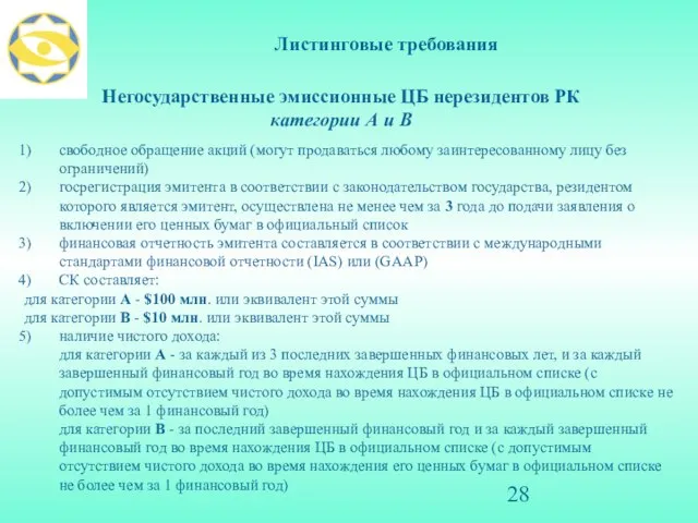 Листинговые требования Негосударственные эмиссионные ЦБ нерезидентов РК категории А и В свободное