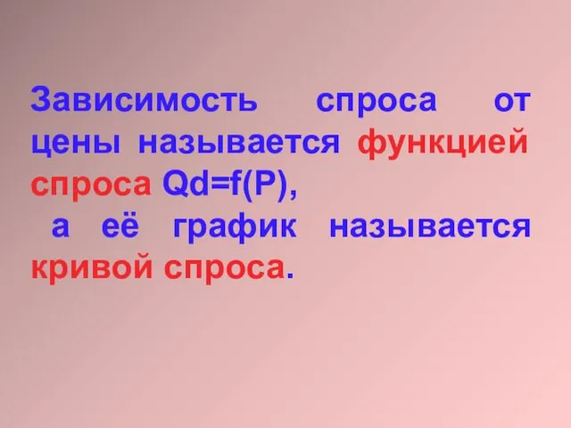 Зависимость спроса от цены называется функцией спроса Qd=f(P), а её график называется кривой спроса.