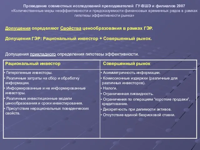 Проведение совместных исследований преподавателей ГУ-ВШЭ и филиалов 2007 «Количественные меры неэффективности и