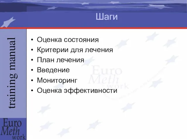 Шаги Оценка состояния Критерии для лечения План лечения Введение Мониторинг Оценка эффективности