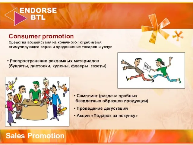 Sales Promotion Consumer promotion Средства воздействия на конечного потребителя, стимулирующие спрос и