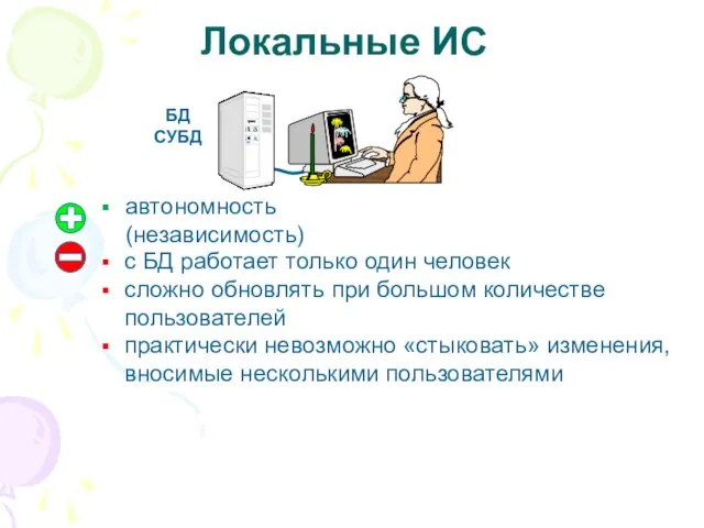 Локальные ИС автономность (независимость) с БД работает только один человек сложно обновлять