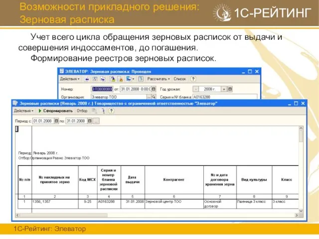 Возможности прикладного решения: Зерновая расписка 1С-Рейтинг: Элеватор 1С-РЕЙТИНГ Учет всего цикла обращения