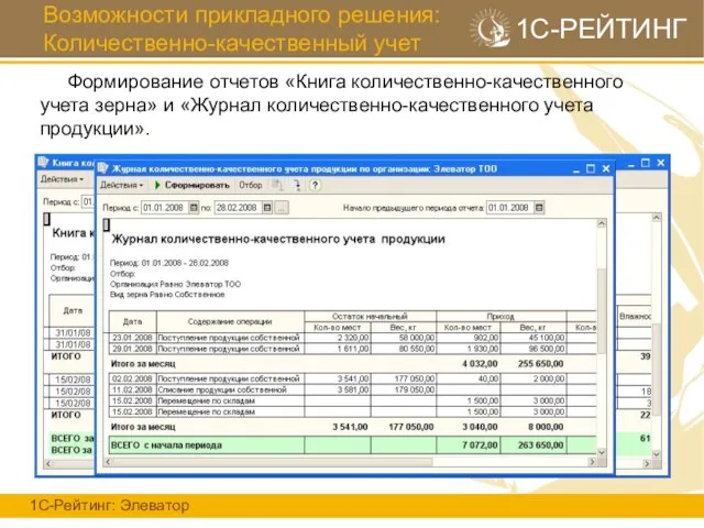 Возможности прикладного решения: Количественно-качественный учет 1С-Рейтинг: Элеватор 1С-РЕЙТИНГ Формирование отчетов «Книга количественно-качественного