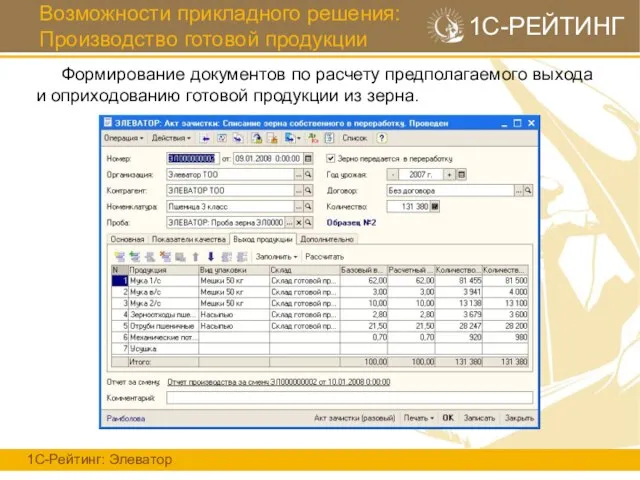 Возможности прикладного решения: Производство готовой продукции 1С-Рейтинг: Элеватор 1С-РЕЙТИНГ Формирование документов по