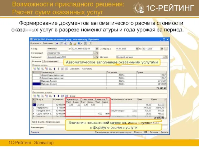 Возможности прикладного решения: Расчет сумм оказанных услуг 1С-Рейтинг: Элеватор 1С-РЕЙТИНГ Формирование документов