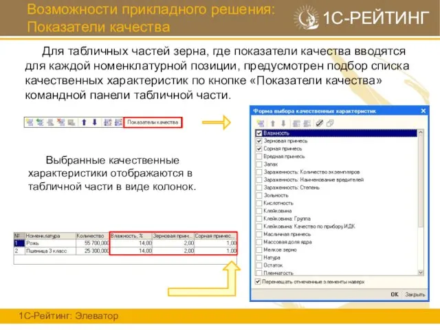 Возможности прикладного решения: Показатели качества 1С-Рейтинг: Элеватор 1С-РЕЙТИНГ Для табличных частей зерна,