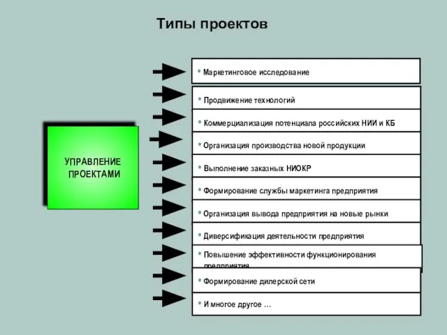 Типы проектов Маркетинговое исследование УПРАВЛЕНИЕ ПРОЕКТАМИ Продвижение технологий Коммерциализация потенциала российских НИИ